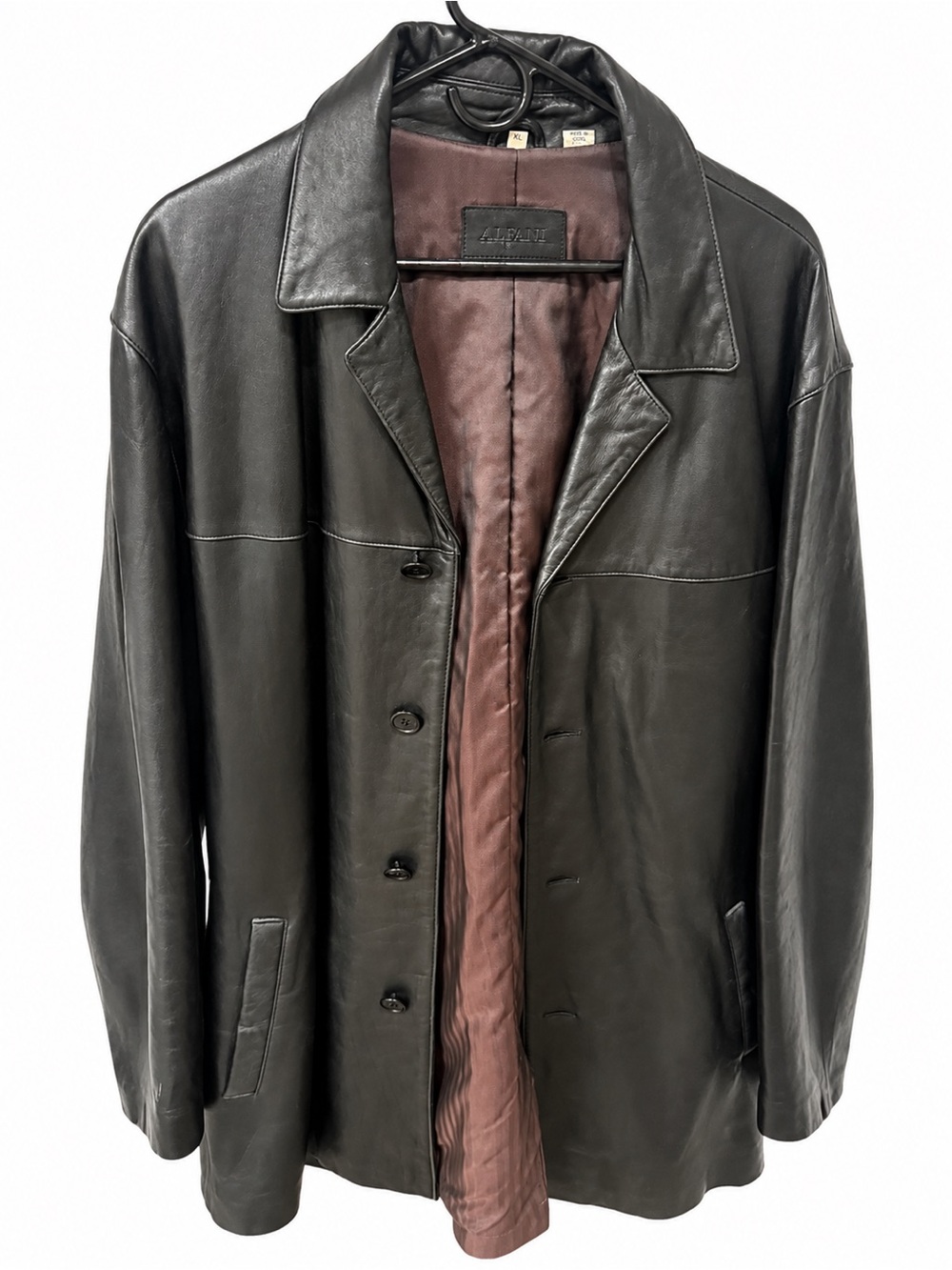 Alfani Black Leather Button-Front Jacket with Brown Lining